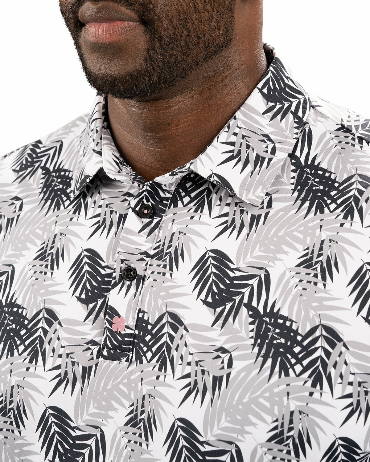 Black Clover Black and White Tropical Palm Print Polo for Golf or Business