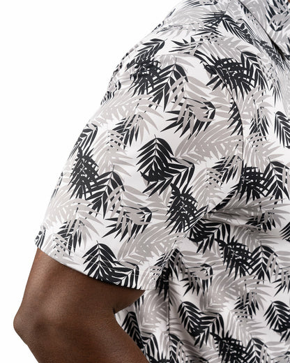 Black Clover Black and White Tropical Palm Print Polo for Golf or Business