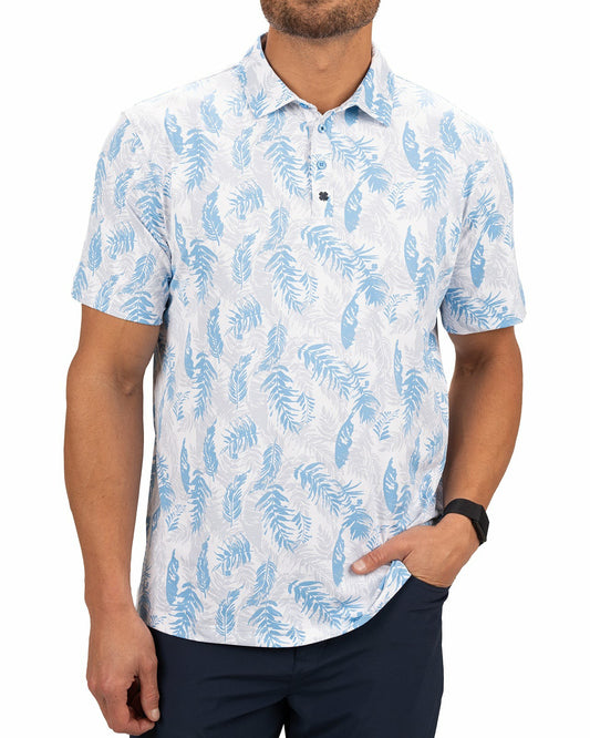 Black Clover Blue and White Tropical Print Polo for Golf or Business