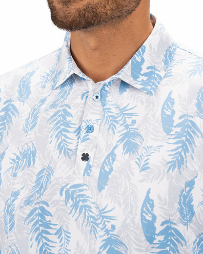 Black Clover Blue and White Tropical Print Polo for Golf or Business
