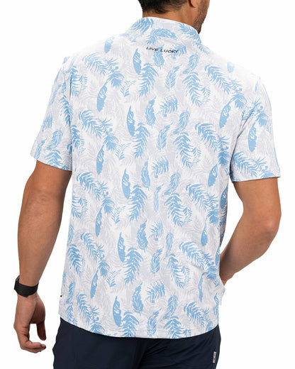 Black Clover Blue and White Tropical Print Polo for Golf or Business