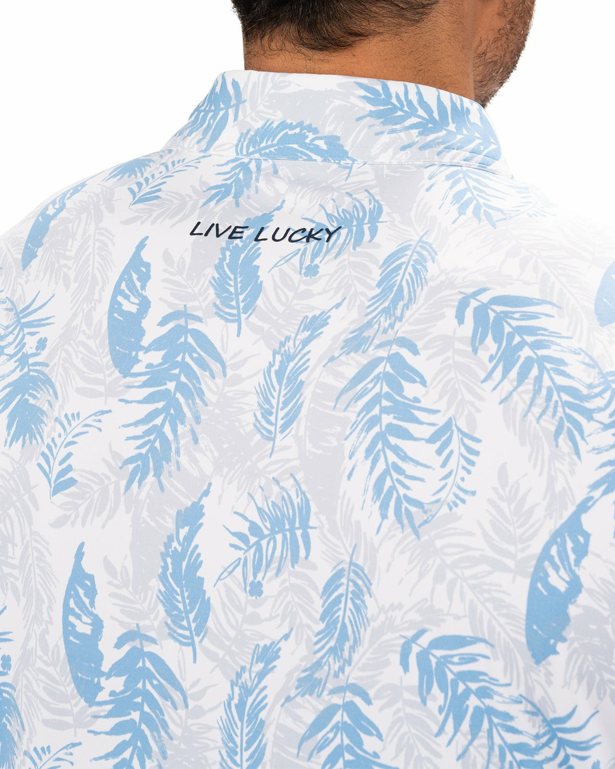 Black Clover Blue and White Tropical Print Polo for Golf or Business