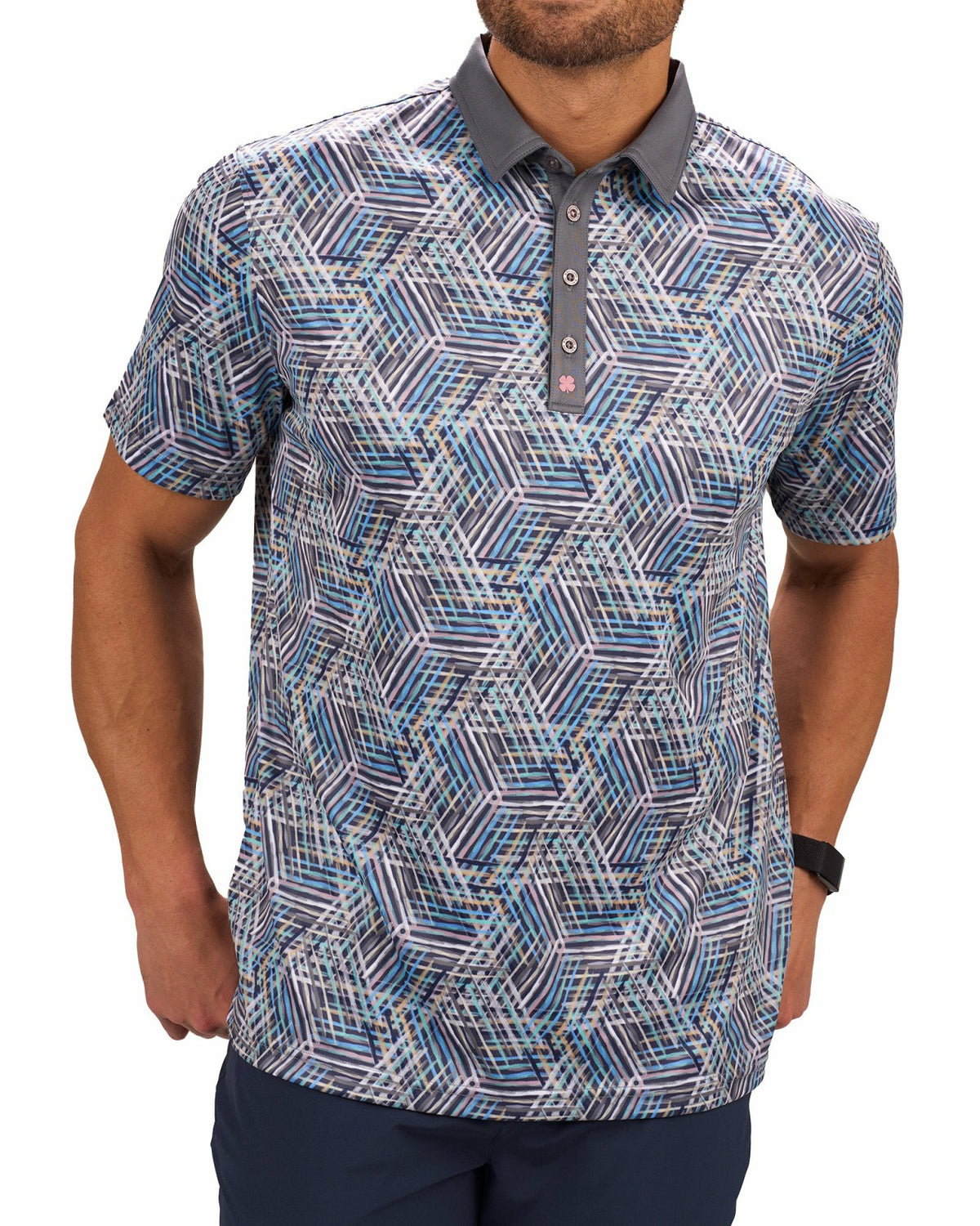 Black Clover Multi-Colored Modern Print Golf Polo with Light Grey Collar and Placket
