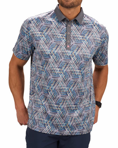 Black Clover Multi-Colored Modern Print Golf Polo with Light Grey Collar and Placket