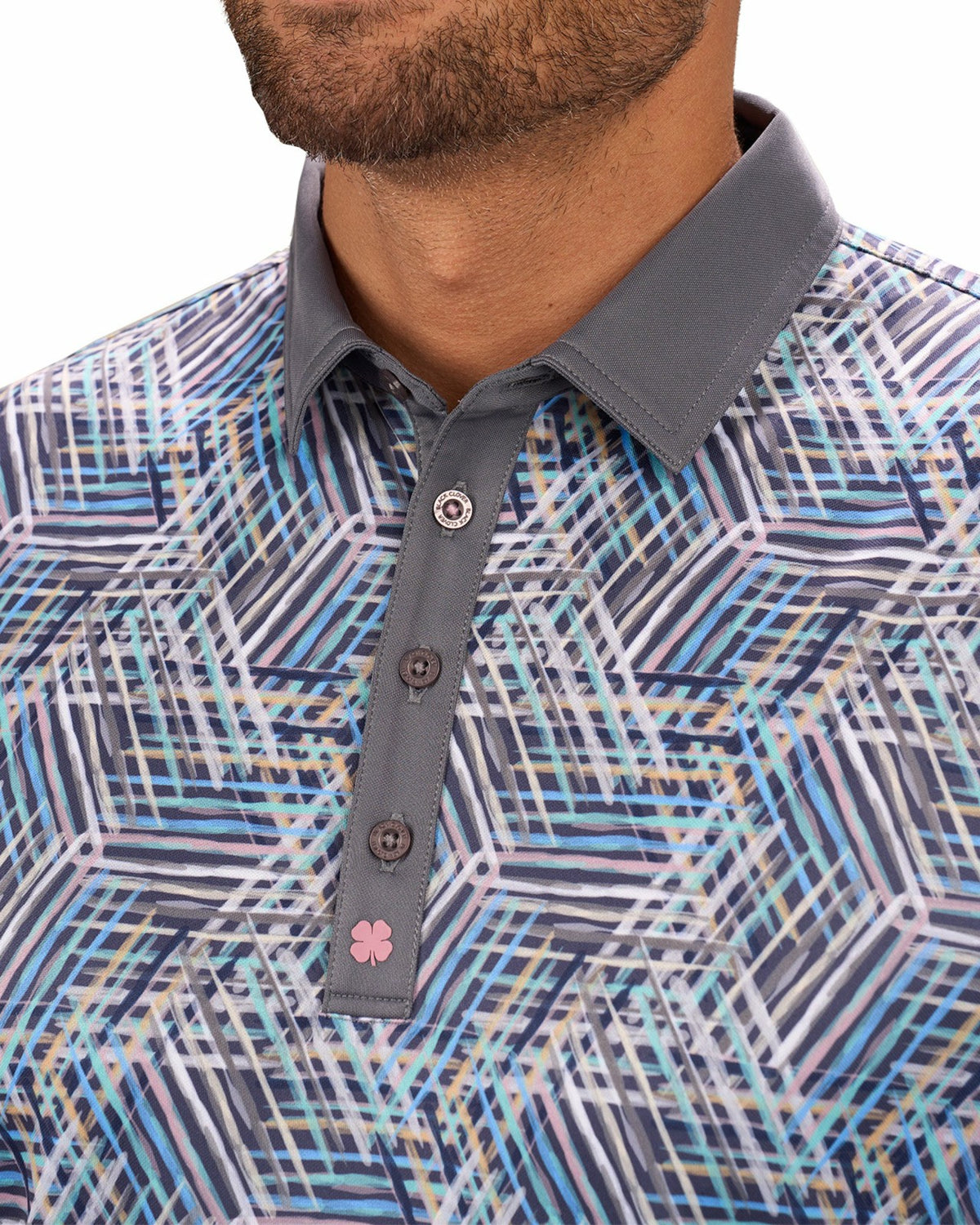 Black Clover Multi-Colored Modern Print Golf Polo with Light Grey Collar and Placket