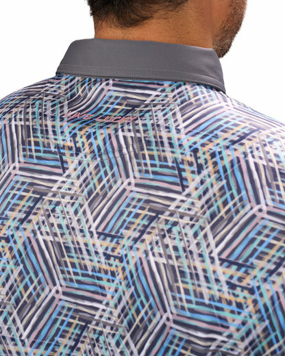 Black Clover Multi-Colored Modern Print Golf Polo with Light Grey Collar and Placket