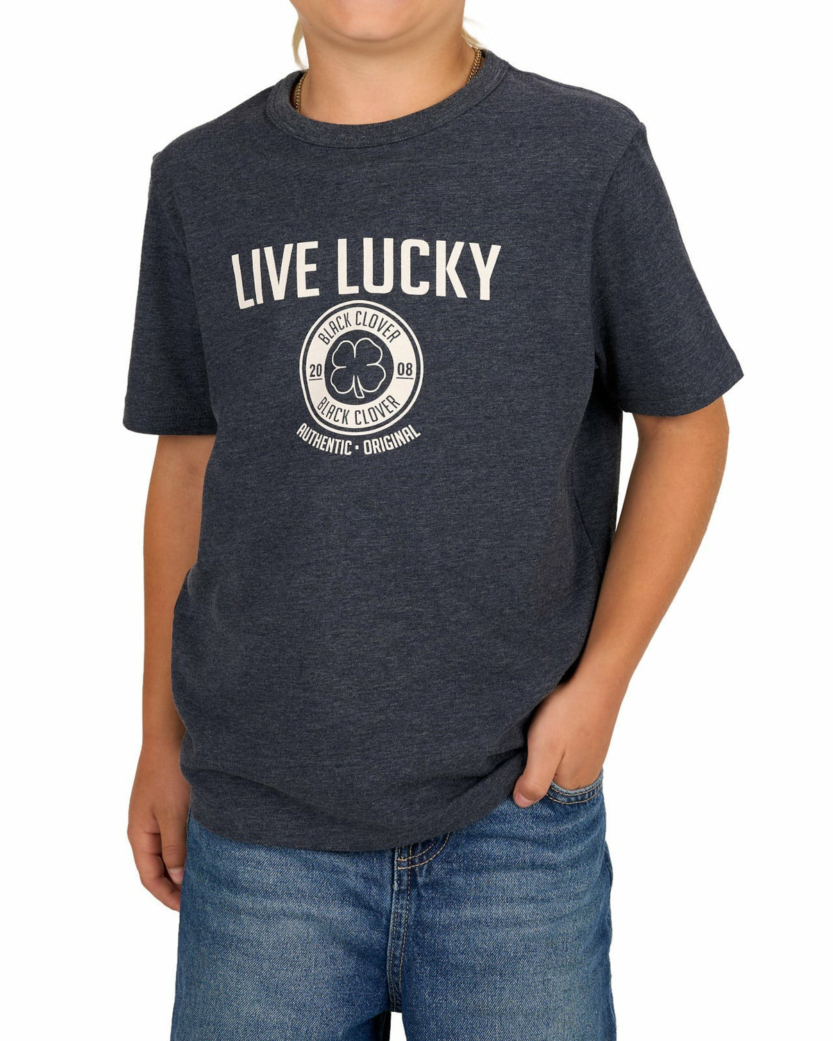 Black Clover Super Soft Kid's Navy Blue Graphic Tee with Live Lucky logo