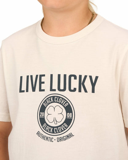 Black Clover Super Soft Kid's Ivory Graphic Tee with Live Lucky logo