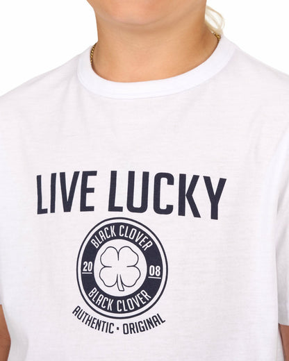 Black Clover Super Soft Kids' White Graphic Tee with Live Lucky logo