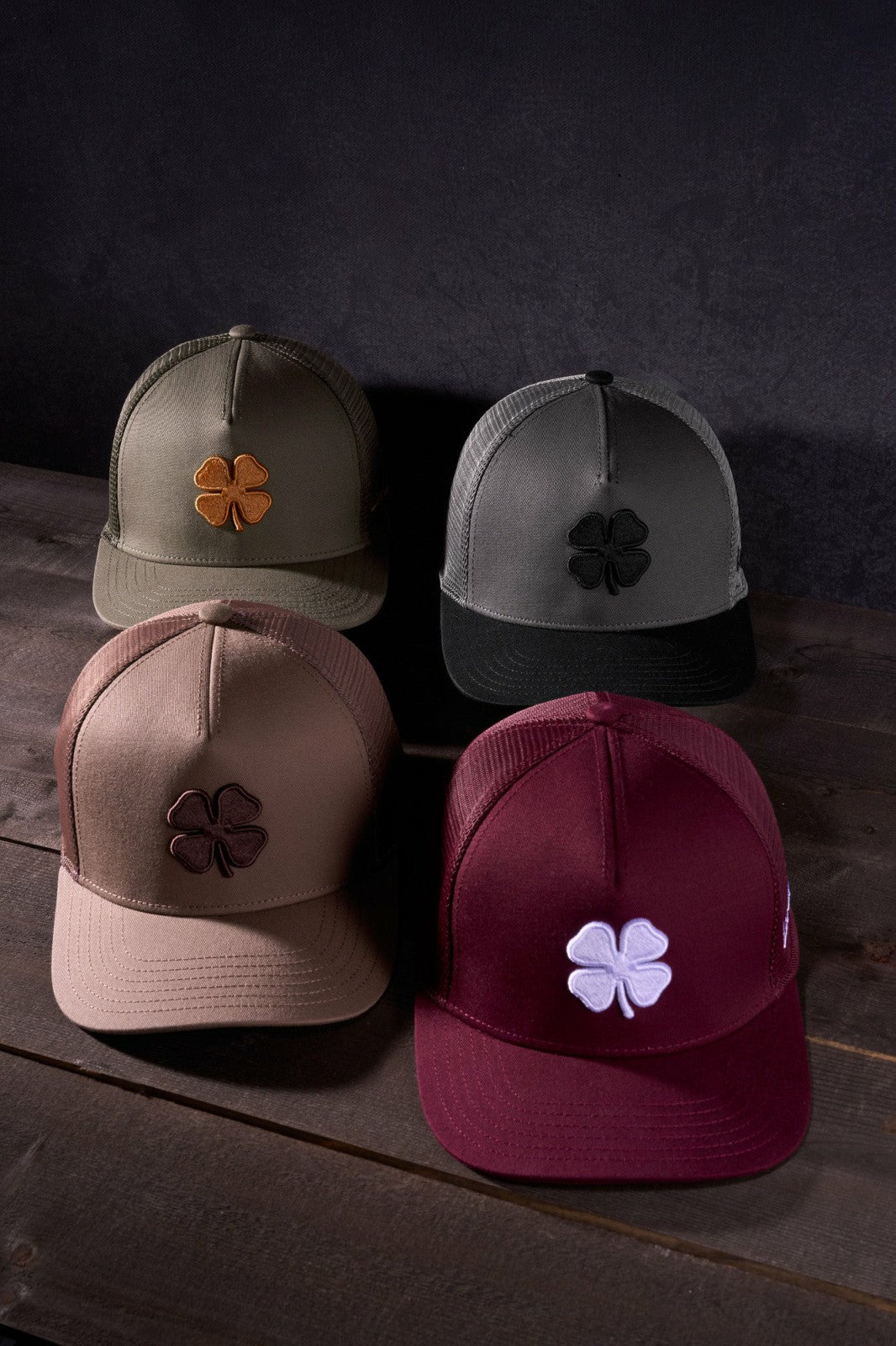 Black Clover Brown Adjustable Hat with Mesh Back and Embroidered Clover
