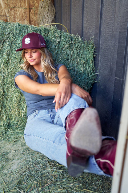 Black Clover Dark Red Adjustable Hat with Mesh Back and White Embroidered Clover