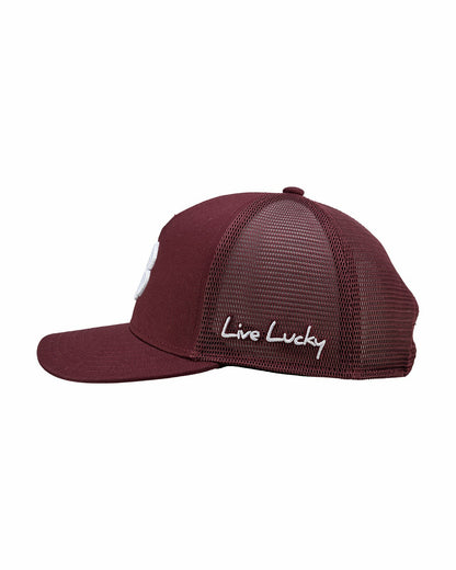 Black Clover Dark Red Adjustable Hat with Mesh Back and White Embroidered Clover