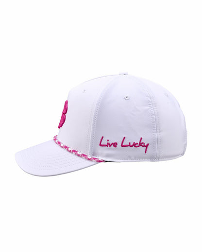Black Clover Unisex White Summer Rope Snapback Hat with Pink Clover Logo