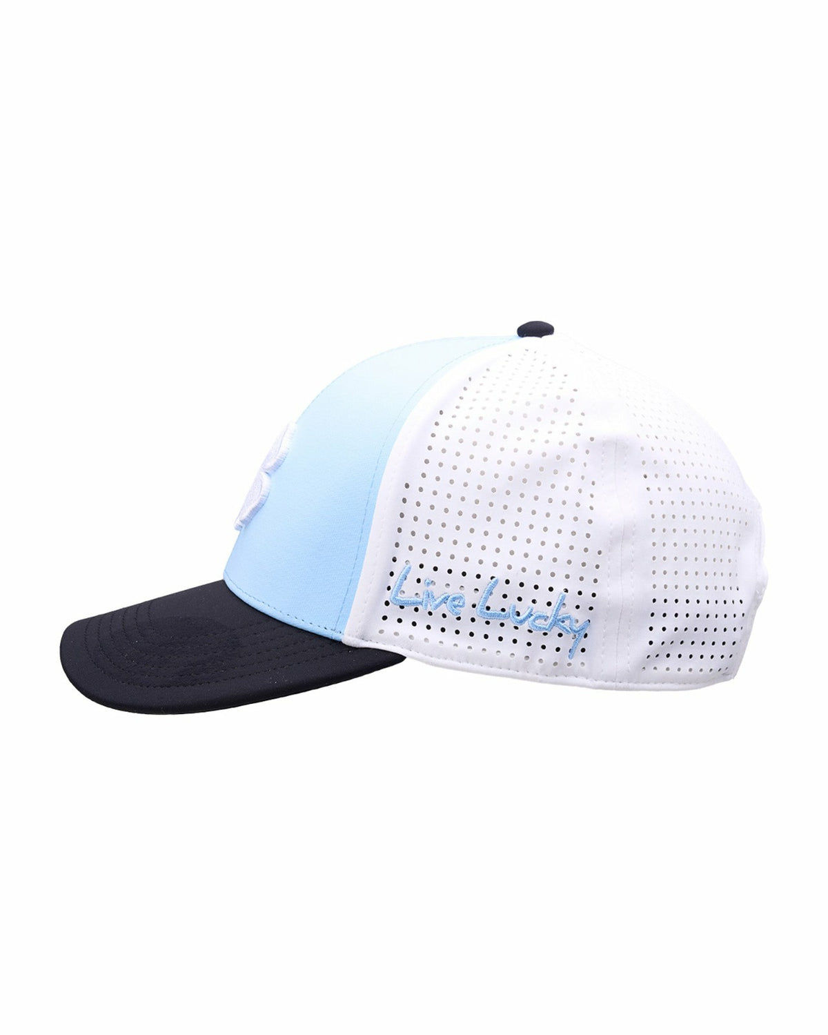 Black Clover Light Blue and Black Perforated Golf Hat with White Clover