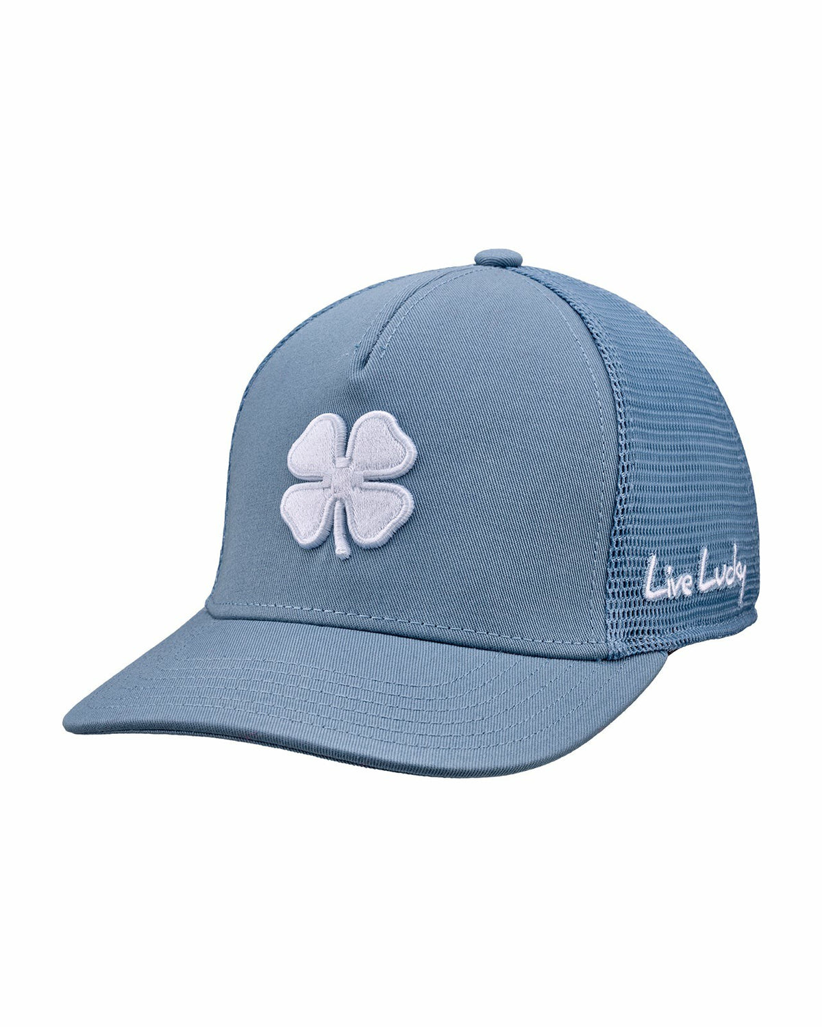 Black Clover Blue Adjustable Hat with Mesh Back and White Embroidered Clover