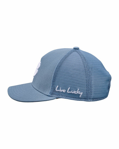Black Clover Blue Adjustable Hat with Mesh Back and White Embroidered Clover